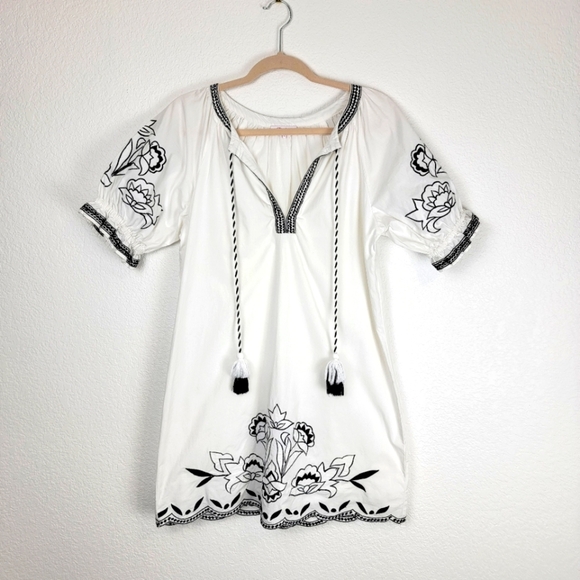 Parker Embroidered Black and White Puff Sleeve Cotton Mini Dress Small - Picture 5 of 13